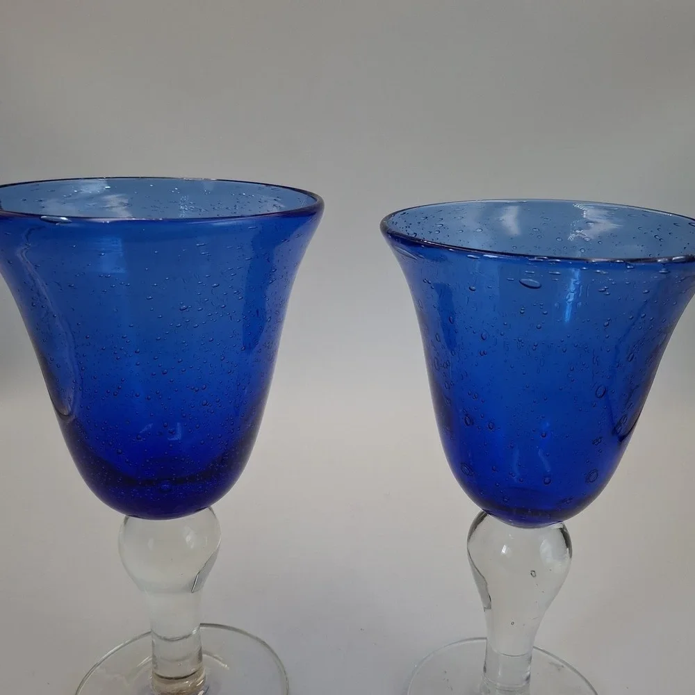 Pair Hand Blown Cobalt Blue Bubble Glass Goblets Clear Stem 8.5